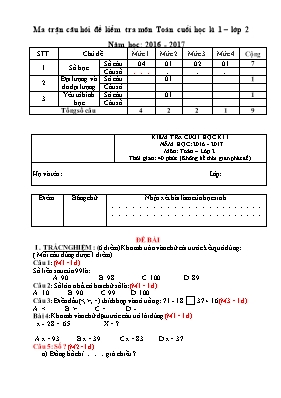 Ma trận và đề kiểm tra học kì I Toán lớp 2 (Có đáp án) - Năm học 2016-2017